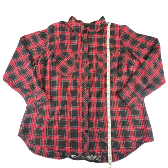 Hot Topic Button Down 2X Red Black Plaid Edgy Lace Back Split Grunge Goth Shirt - Picture 4 of 8
